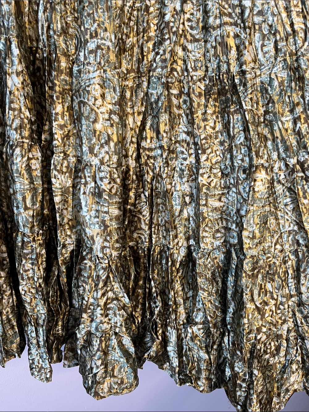 Telluride Sundance vintage 100% crushed silk shiny green gold midi skirt - Picture 8 of 10